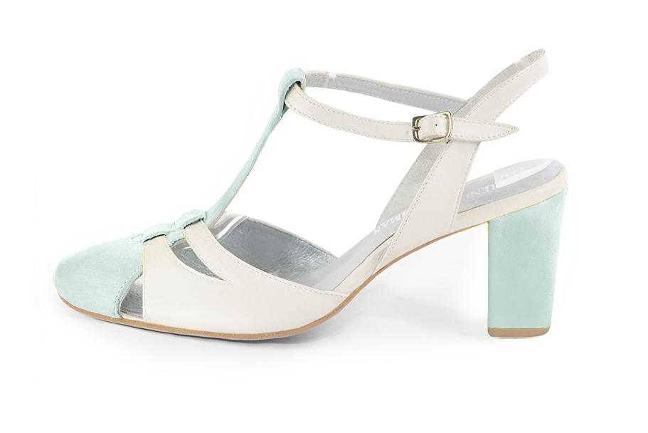 Aquamarine blue and off white women's open back T-strap shoes. Round toe. High block heels. Profile view - Florence KOOIJMAN